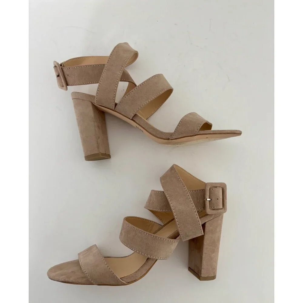 Taupe Faux Suede Sandals 10 Strappy Block Heel Ankle Wrap Quiet Luxury Boho Glam - Picture 6 of 14